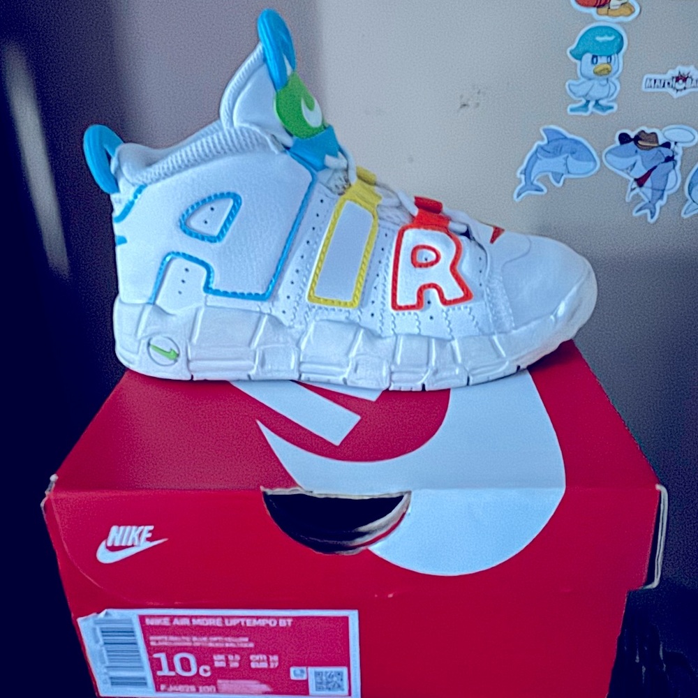Toddler nike air uptempo size 10c white blue orange yellow